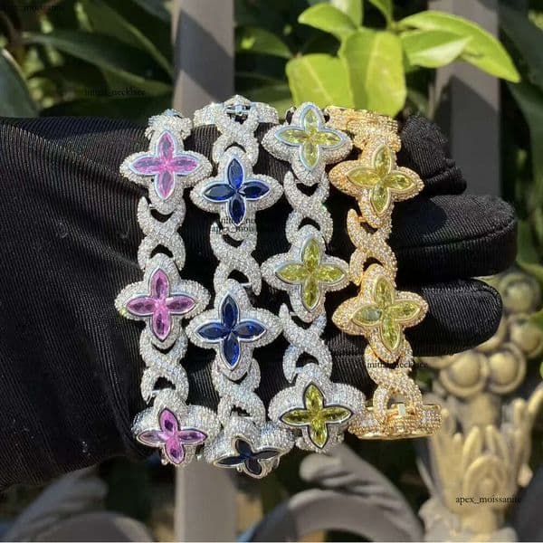 Moissanite GRA Bracelet Luxury New 15mm Marquise Flower Design Hip hop Jewelry Iced out Unisex Cuban Link Chain Sier