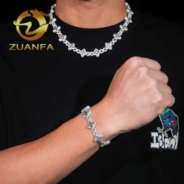 15mm Marquise Flower Hip-Hop Jewelry 925 Silver Iced Out Unisex Colorful VVS 18K Moissanite Cuban Chain Set