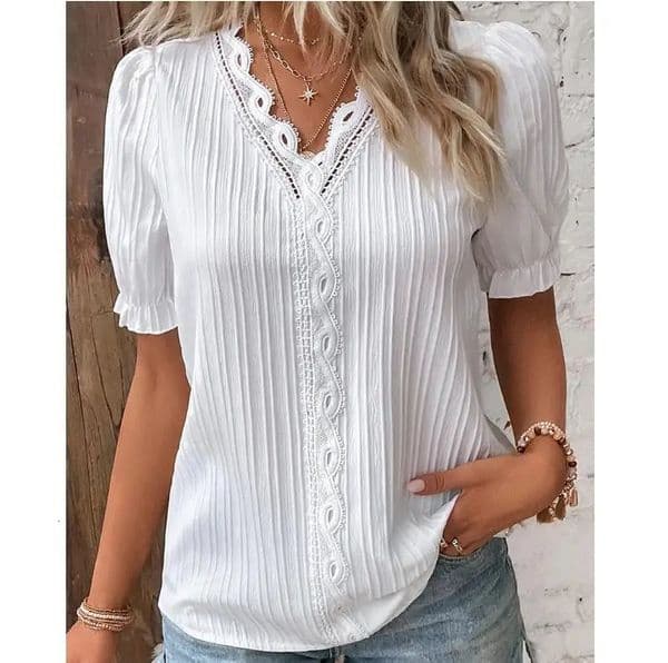 Womens Summer Top Solid Sexy VNeck Hollow Short Sleeve Shirt Fashion Splice Plus Size Blouse Loose Street Apparel 251230
