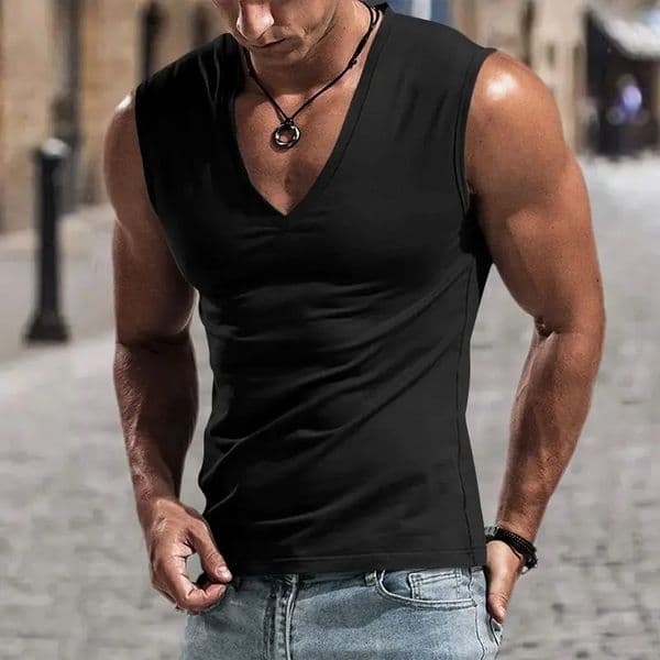 Summer mens solid color Vneck vest casual breathable sleeveless Tshirt suitable for fitness and sports 260104BJ