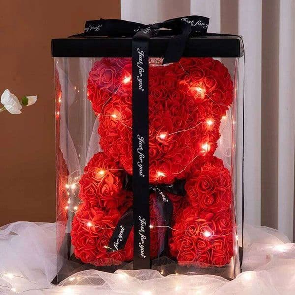 25cm Artificial Teddy Rose Flower Bear with Box Romantic Valentines Day Gift Girlfriend Anniversary Wedding Party Supplies 26T0105