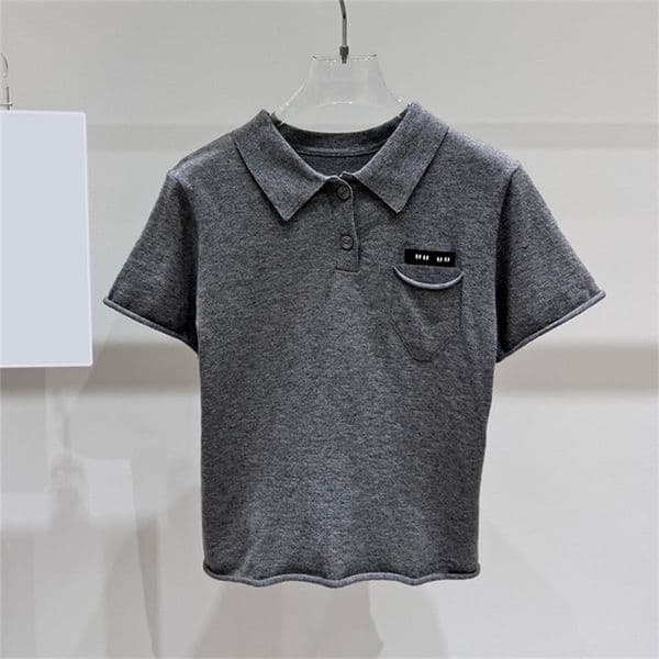 Designer Women Knitted Top Casual Grey Polo Knit Shirt Summer Simple Versatile Knitwear