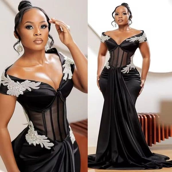 Black Satin Mermaid Evening Dress For African Women Corset Boning Classic Special Occasion Prom Gowns Sequined Appliques Second Reception Dress