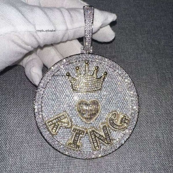 Ice out VVS Moissanite UWIN Full Iced Out Large Round 18K Nameplate Letter Crown Heart Initial Pendant Jewelry
