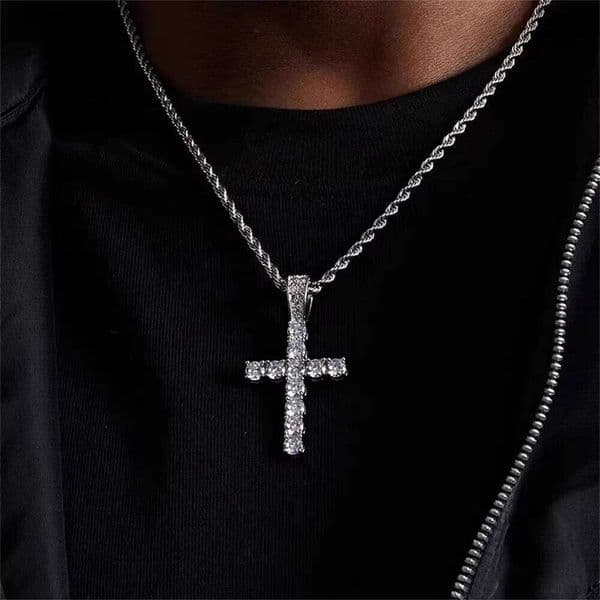 925 Sterling Silver Necklace Inlaid Crystal Zircon Fashion Cross Men's Pendant Necklace, Party Gift Jewelry