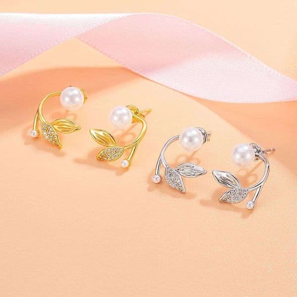 925 Sterling Silver Leaf Imitation Pearl Earrings Women Fashion Simple Birthday Party Wedding Anniversary Jewelry Gift