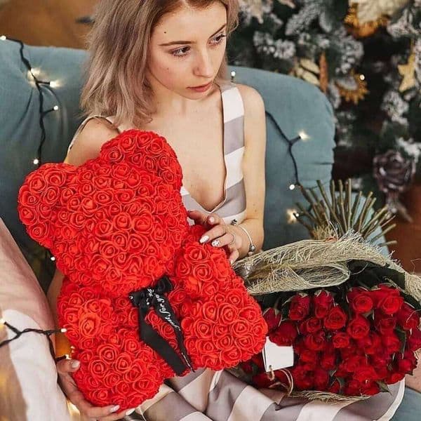 Red 40cm Of Roses Artificial Flower Rose Teddy Bear For Women Valentine's Day Wedding Birthday Christmas Gift 26T0105