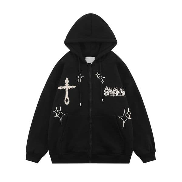 Bopoft Retro Flame Cross Embroidered - Cozy Thick Polyester Zip-Up Sweatshirt Jacket With Inner Pocket, Vintage Loose Fit For Autumn & Winter, Machine Washable, Eskeem