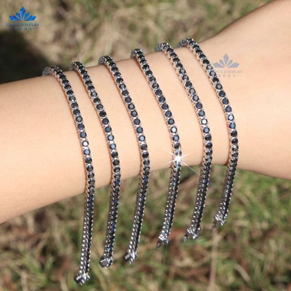 2mm 3mm Black Moissanite Diamond Tennis Bracelet 7 Inches 18CM Plated White Gold and Black Gold Hip Chain