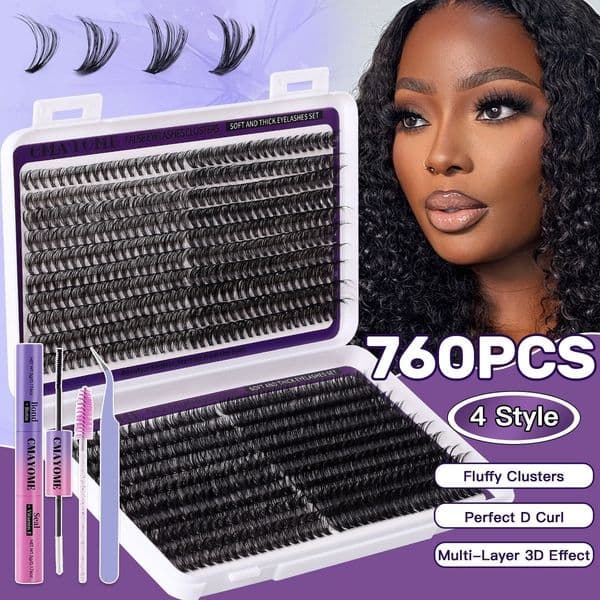 760Pcs DIY Cluster Lashes Kit with Lash Adhesive Thick Fluffy Individual Eyelashes D Curled DIY Segmented Eyelash Extensions for Women Grafted Lashes