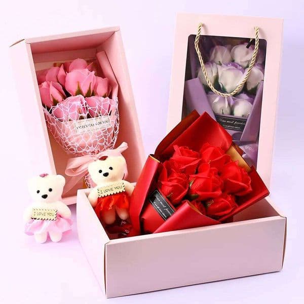 Valentines Mothers Day Artificial Soap Rose Bouquet with Teddy Bear Box Romantic Gift for Her Creative Home Decor 26T0105
