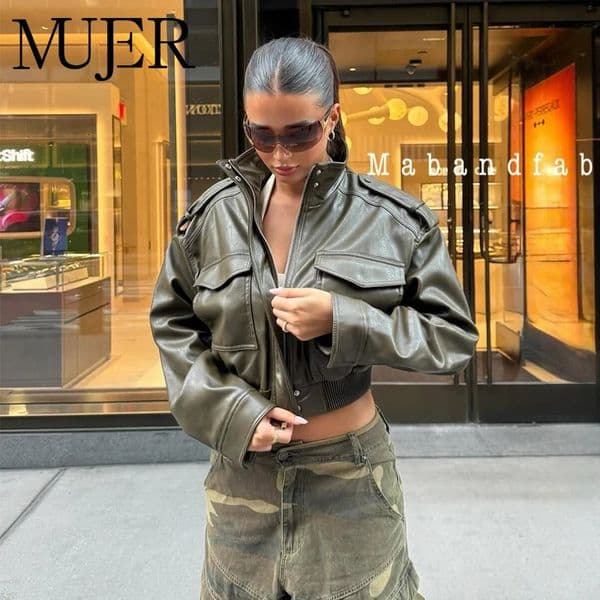 MUJER Faux Leather Cropped Jacket Women Bomber Demiseason Jackets for Long Sleeve Womens Coats Zip Overcoat 260104