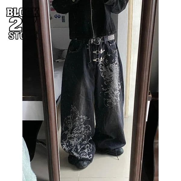 Vintage Printing Baggy Jeans Y2K Harajuku Trend Men and Women Hip Hop Fashion Casual Joker Couple Wideleg Pants Streetwear 251226