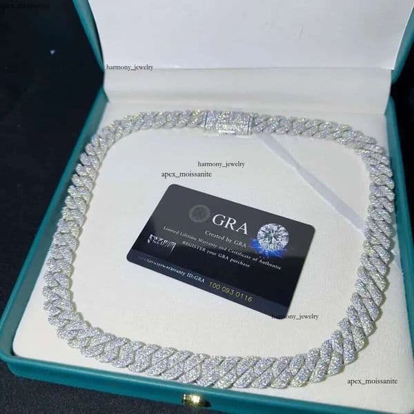 VVS Moissanite Lab Dia 14K Sier Necklace and Hip Hop Iced Out Jewelry 18mm20mm Cuban Link Chain 2e