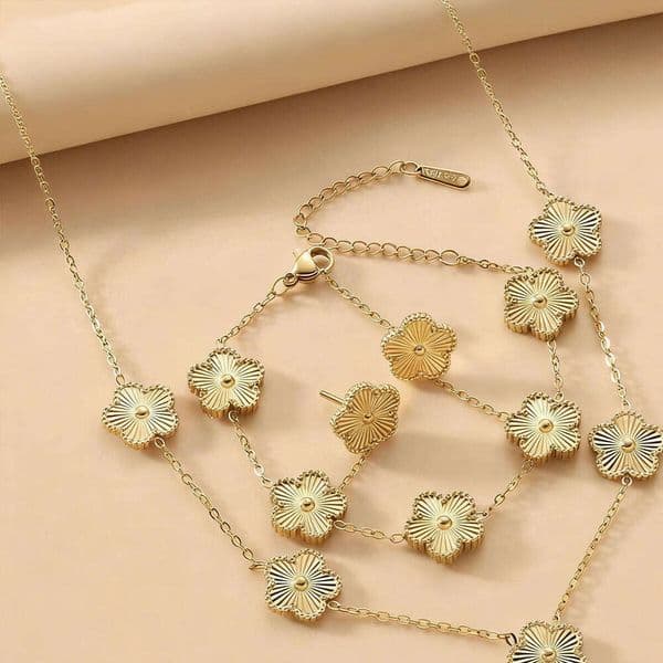 Five Leaf Clover Jewelry Set: Steel Necklace, Bracelet & Earrings Gold Plated, Adjustable Hypoallergenic Gift for Women & Girls