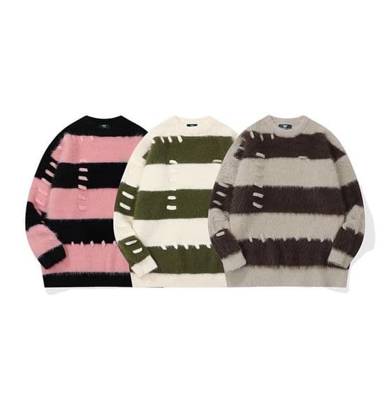 Men's Contrast color striped round neck sweater, winter thickened warm, for teenagers, couple wear, knitted sweater, lazy style pullover for wholesale or retail