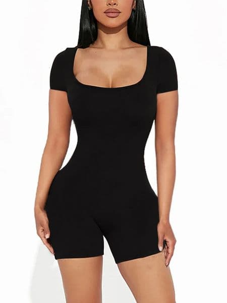 2025 Summer Womens Sexy Solid Color Short Sleeve U Neck Jumpsuit Yoga Fitness Polyester 251231
