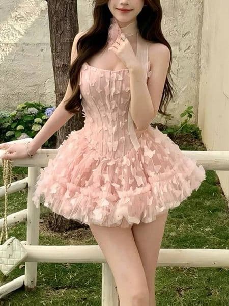 Bestseller Summer French Elegant Sweet Pink Fairy Dress Women New Fashion Slim Tube Top Fluffy Dresses Aesthetic Hot Chick Clothing 2025 ddmytues