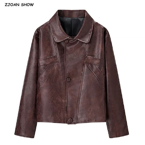 Autumn American Retro Women Washing Brown PU Leather Jacket Lapel 3 Buttons Full Sleeve Coat Loose Short Outerwear 260104