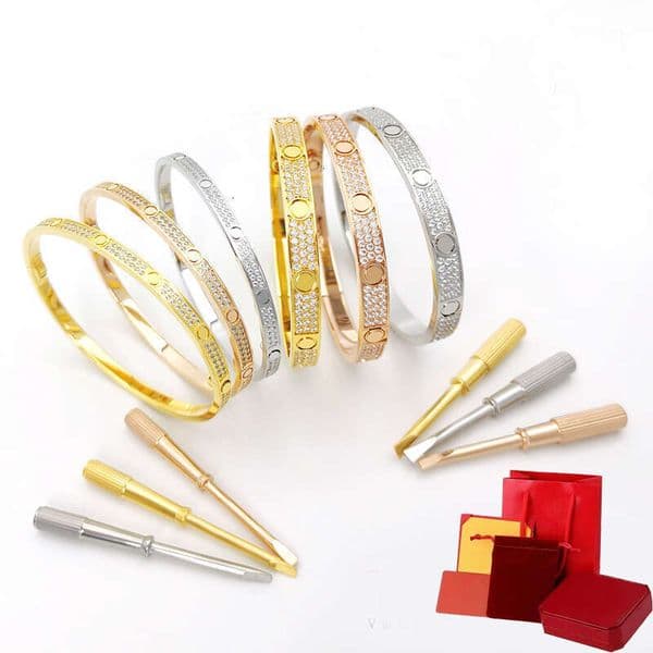 gold plated screw bangle bracelet for women and men 4 6mm width 2 3 diamond row size 16 19 luxury jewelry with box