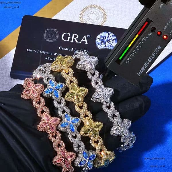 Moissanite Bracelet Luxury New 15mm Marquise Flower Design Hip hop Jewelry Iced out Unisex Cuban Link Chain Sier 9f