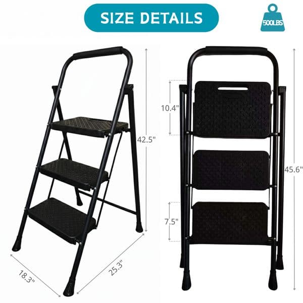 Sturdy Folding Adult Stepladder Durable Home Use with Non slip Footrests Support Rails