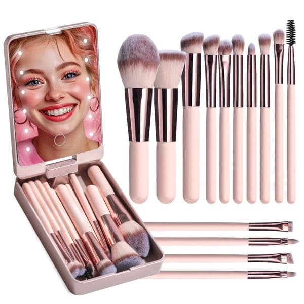 Luxury 14-Piece Brush Set With Illuminated Mirror Portable Short Handle,Led Light,Usb Rechargeable maquillaje Makeup Brushes Free Shipping X260323
