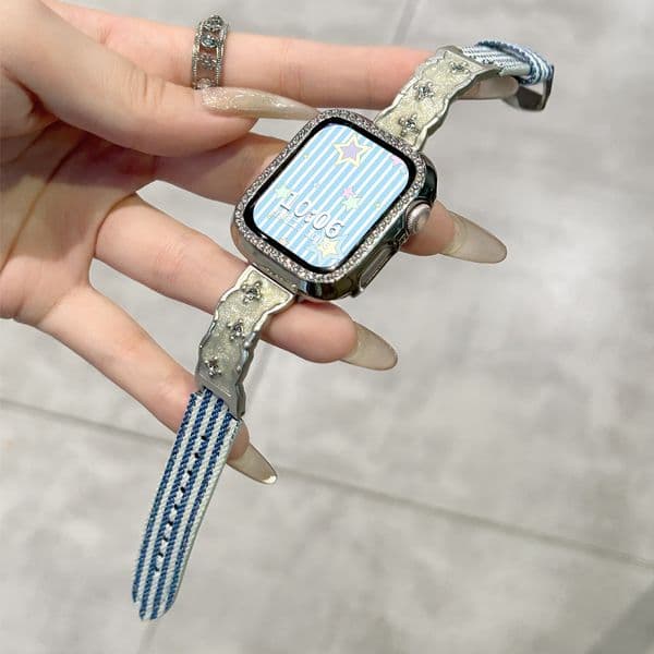 Compatible with Apple S10 Watch Band 9/8 New Blue Stripe Gold Trim Striped Canvas 7/6/5/4/3 NFC Wristband for Women