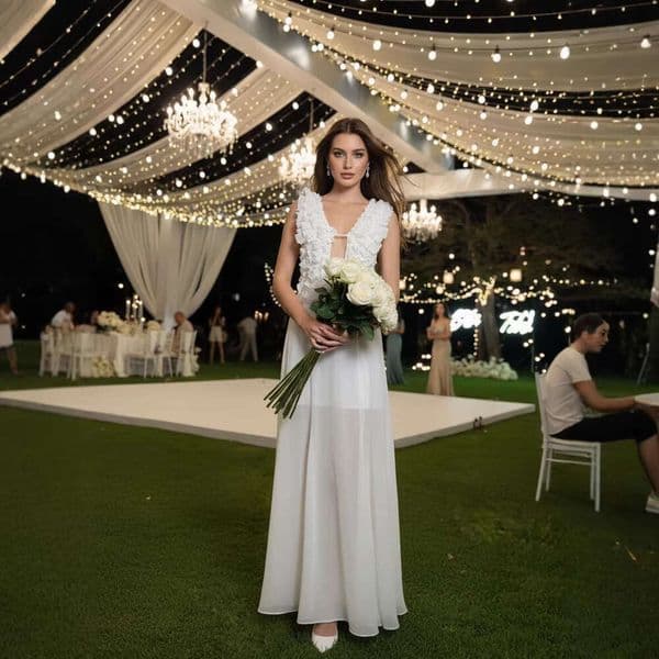 Women S White Deep V Sleeveless With Ruffled Back And Tie Slim Fit Long Dress For Vacation Women S Luxury Clothing