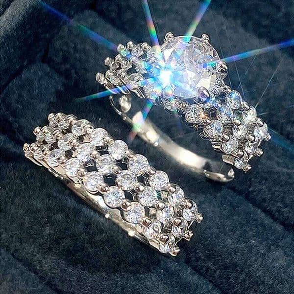 2Pcs Set for Women Gorgeous Bride Wedding Rings Brilliant Cubic Zirconia Modern Design New Jewelry