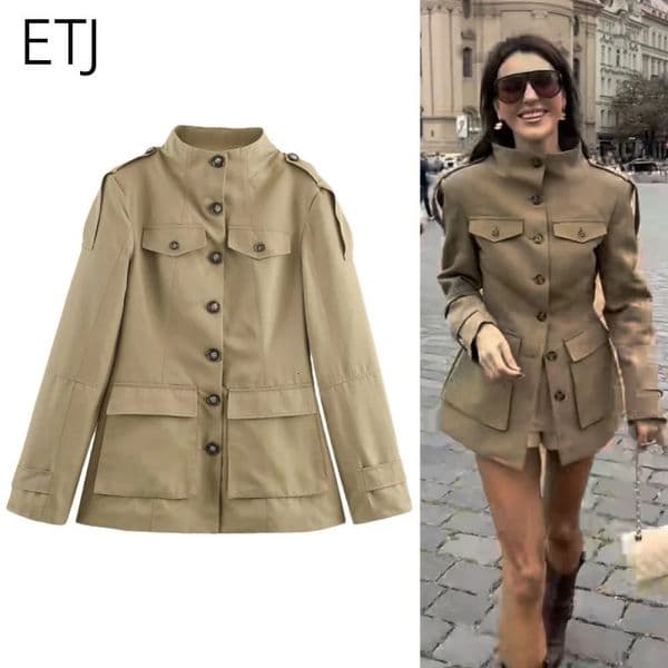 ETJ 2025 autumn womens military style large pocket stand collar slim coat epaulettes decorated trench 260106
