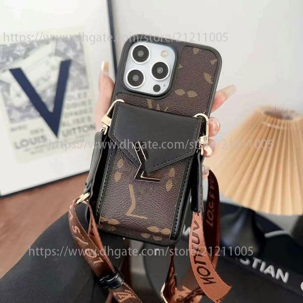 1V Phone Case For Iphone 17 16 15 14 13 Pro 12 11 Max Plus 16Pro Classic Metal Logo Case Luxury Crossbody Rope 17Pro Cover For Apple 15Promax 14Pro Flap Card Pocket Shell