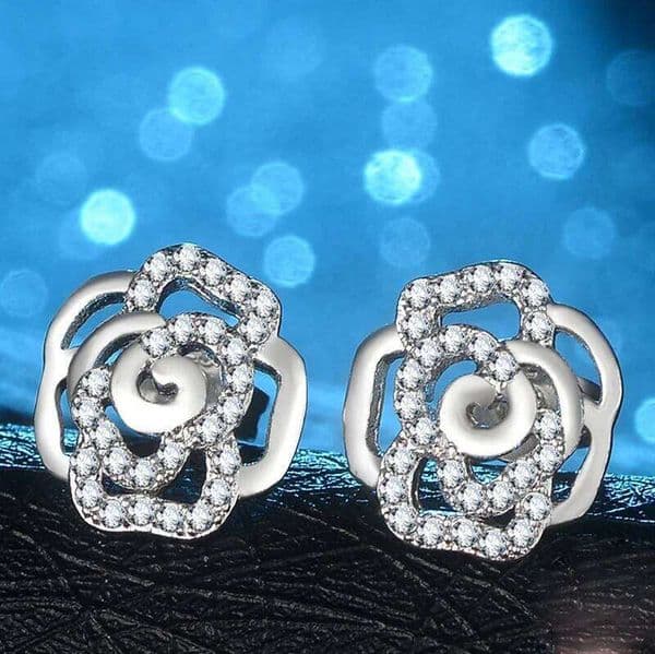 Fashion 2 Color 925 Sterling Silver Shimmering Rose Flower Stud Earrings with Clear Cubic Zirconia Women Jewelry Birthday Gifts