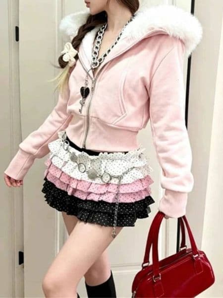 Bestseller Winter American Sweet Retro Slim Hooded Coat Aesthetics Y2k Vintage Short Cardigan New Solid Fashion Warm Faux Fur Jacket Woman ddmytues
