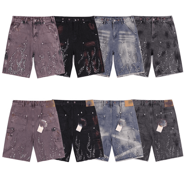 Men's High Street Rhinestone Painted Baggy Jeans Shorts Pockets Wide Leg Loose Five Point Denim Pants
