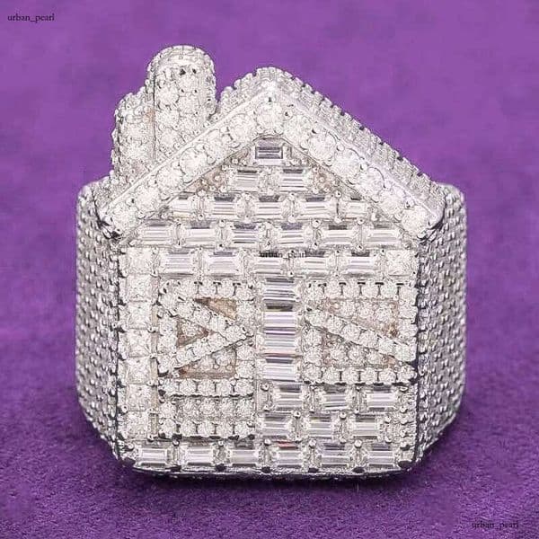 Hip-Hop VVS D Color Diamonde Pearl Men's Cluster Trap House Ring, with 925 Sterling Silver Pass VVS1 Diamond Tester GRA