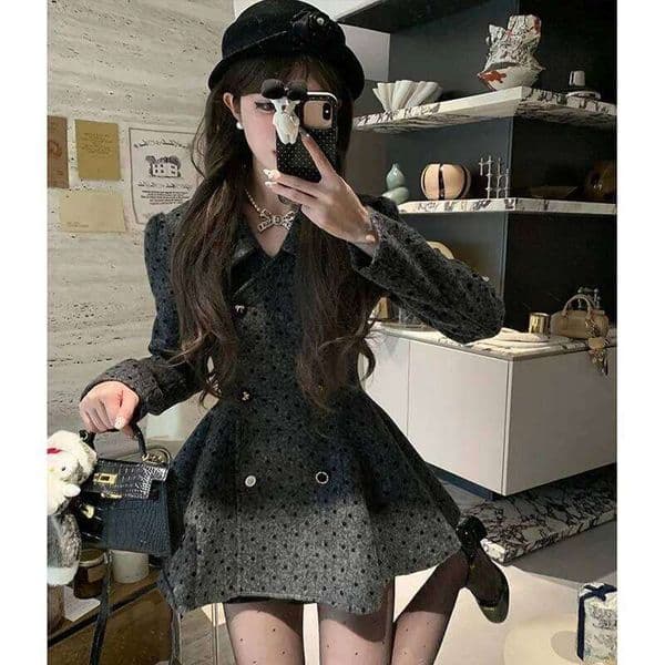 Mardi Hefxessdr Winter Korean Fashion Women s Dress Slimming Polka Dot Mid length Waist cinching Long sleeved French Mini Dresses Woman Clothing