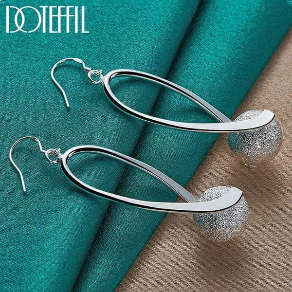 DOTEFFIL 925 Sterling Silver Frosted Bead Round Ball Drop Earrings For Woman Wedding Engagement Jewelry