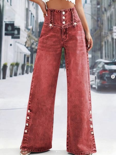 Ladies vintage redbrown wideleg jeans Multiple buttons slightly stretchy midrise casual and fashionable denim trousers 260106BANJIA