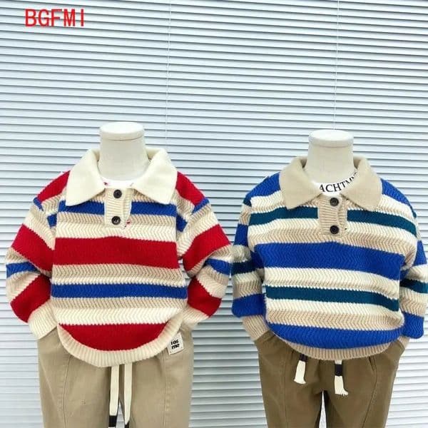 Boys Sweater Thick Striped Knitted Kids Autumn Winter Pullover Children Casual Top Toddler Baby Kid POLO Collar Coat 260104