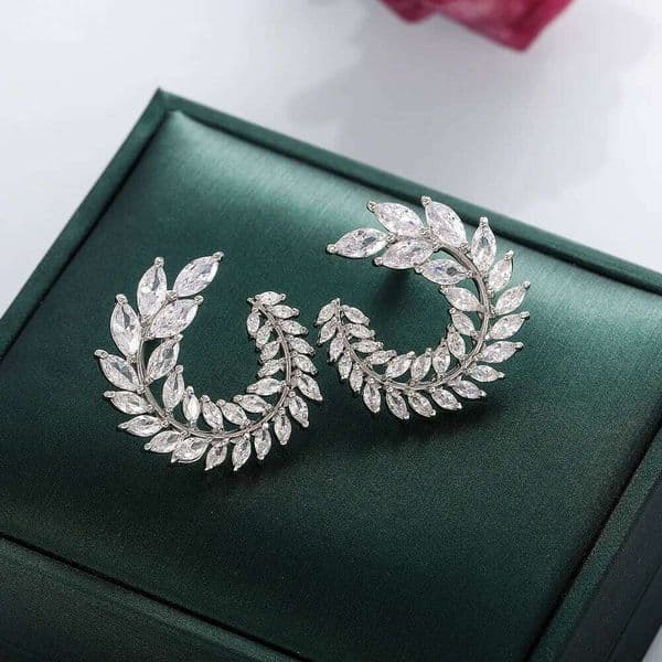 Luxury Full Inlaid 5A Zircon Fashion Popular Feather Leaf Shape 925 Silver Needle Earrings Women Birthday Gift Party Jewelry