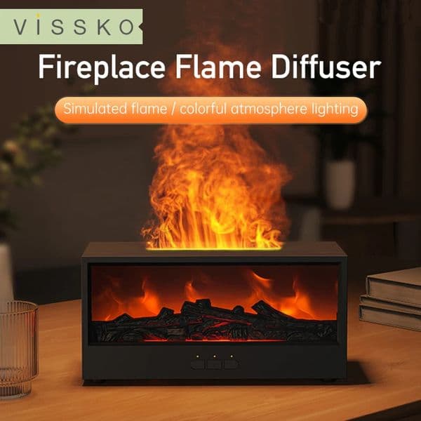 VISSKO Creative Fireplace Air Humidifier Waterless Auto-Off Aroma Essential Oil Diffuser with LED Light Remote Control for Gift 260104