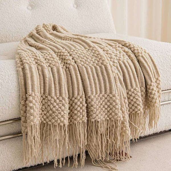 Khaki Gift Knitted with Tassels Chunky Vintage Luxury Farmhouse Throw Bedspread Oversized Blanket Cover Manta Para Sof 26N0106