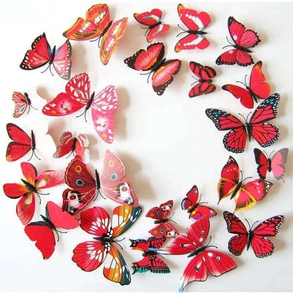 12 Pcs Red/White Butterflies Wall Sticker For Home Decor 3D Butterfly Magnet Fridage Decals Bedroom Closets Wedding Decoration 26T01 26T0106