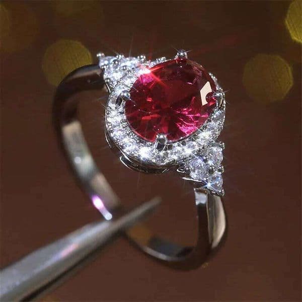 Cubic Zirconia Rings Women Romantic Oval Red Stone Engage Wedding Ring Valentines Gift for Lover