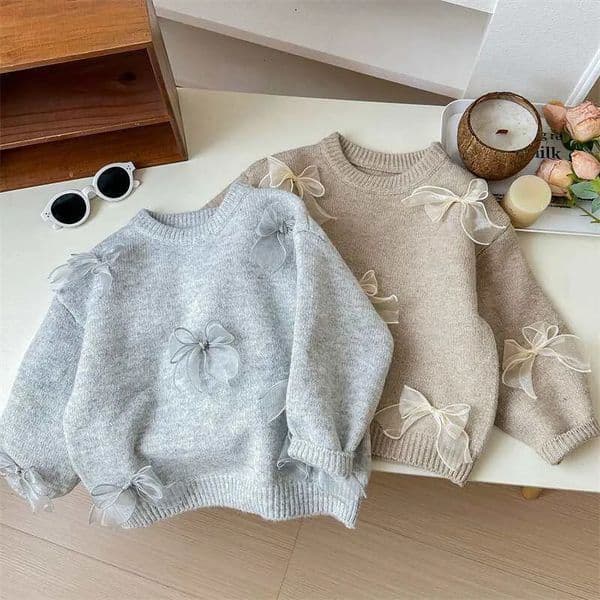 Korean Girls Solid Color Sweaters Cute Bow Children Clothing Autumn Winter Baby Kids Sweet Princess Knitted Sweater 110Y 260104BY