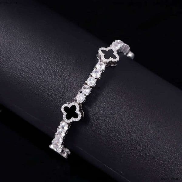 Iced IGI Out Cuban 925 Sterling Silver VVS Moissanite Diamond Four Leaf Clover Bracelet 3mm 4mm Tennis Chain