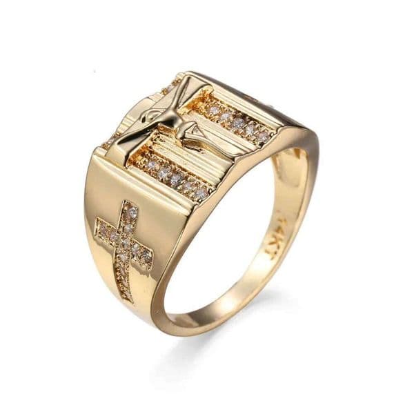 Vintage 18KRGP Gold Plated Rings Jesus Cross Signet Carved for Men Women Anillos Cubic Zirconia Wedding Finger Ring Jewelry 3640d