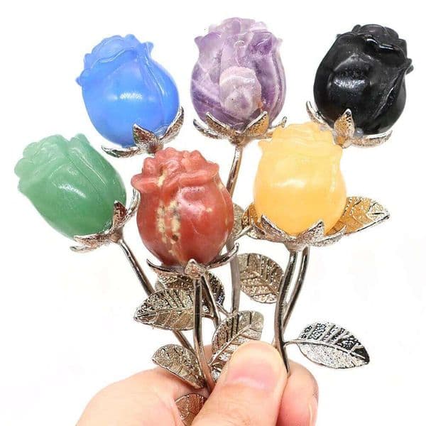 Crystal Carved Rose Flower Natural Stone Amethyst Quartz Gemstone Craft Party Home Decoration Valentines Day Wedding Guest Gifts 26T0106