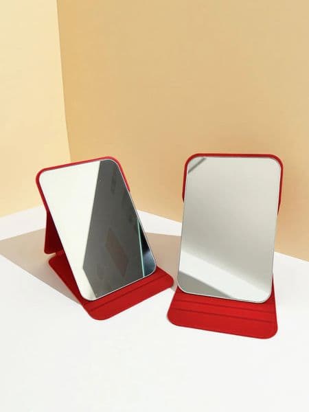 Portable Foldable Red Makeup Mirror - Compact Standing Cosmetic Mirror with PU Leather Case for Travel & Daily Use